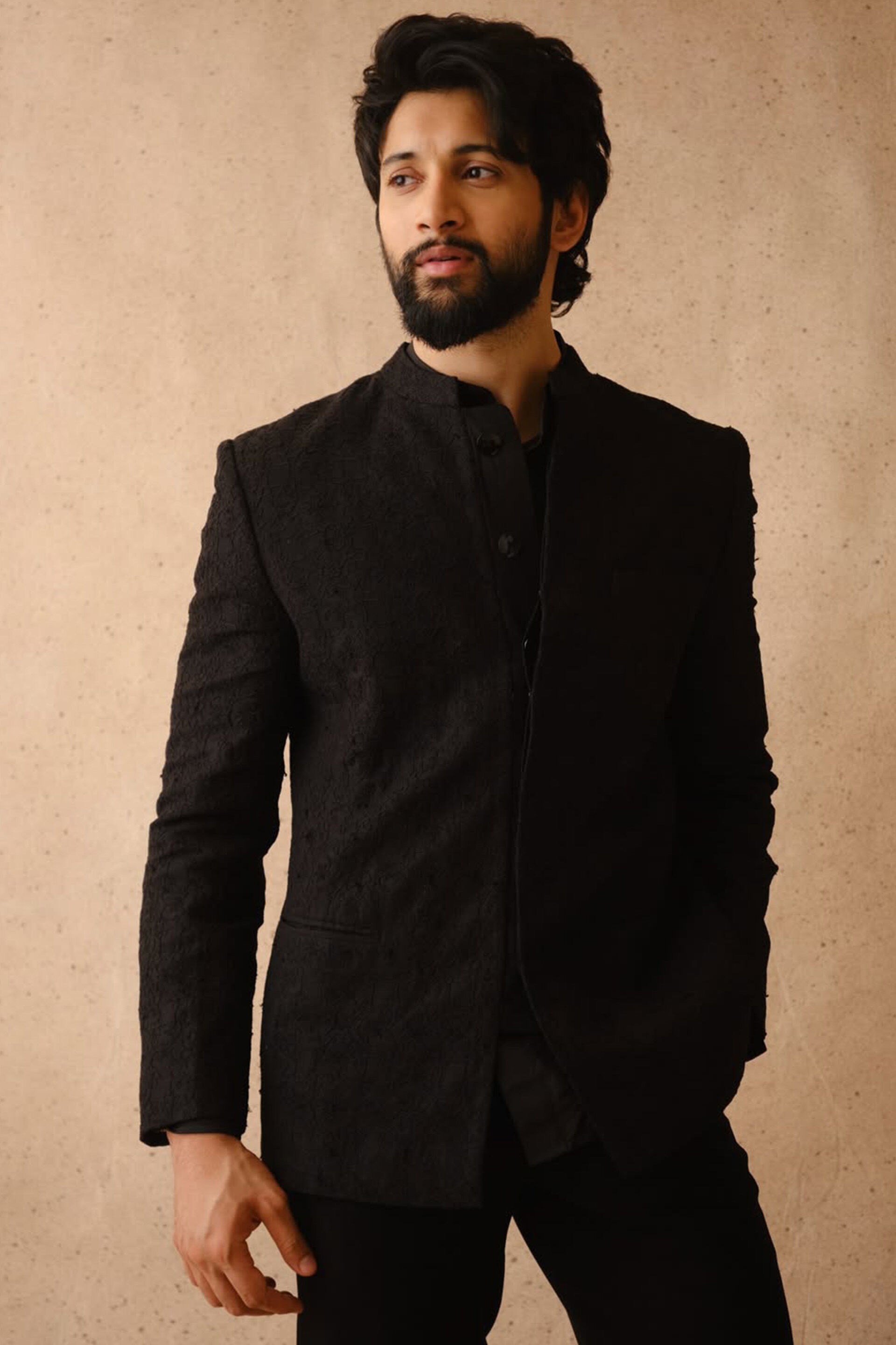 Aadav Embroidered Cord Silk Bandhgala - Black, , image 1